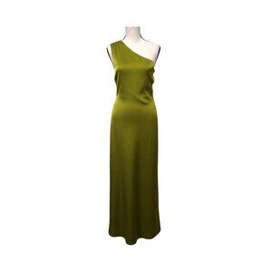 Commense Womens One-Shoulder Twist-Back Olive Green Satin Maxi Dress Sz L Event